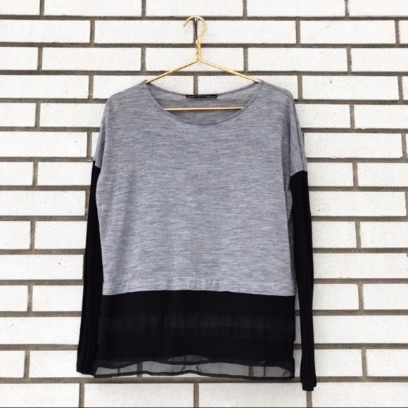 Zara Collection Gray Black Mixed Media Knit Top Sheer Chiffon Hem Size M - Picture 1 of 8
